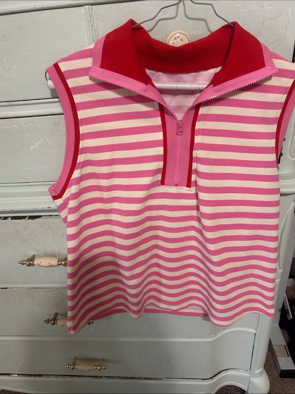 Women’s Pink & Cream Striped Sleeveless Zip Polo Top and skirt set